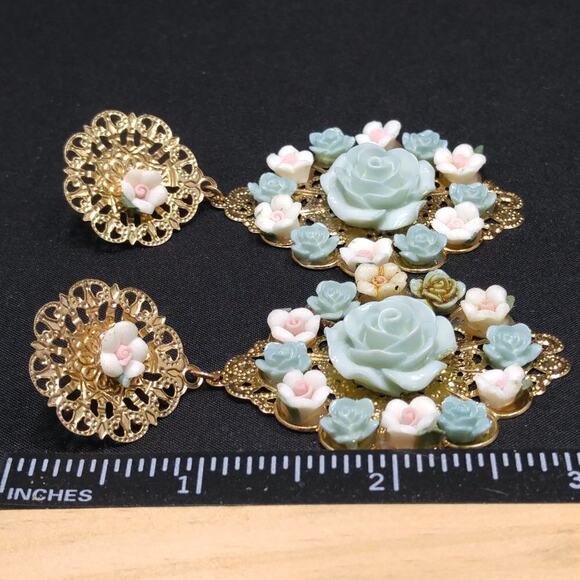 Vintage Floral Filigree Gold Post Dangle Earrings, Pink Blue Flowers, 3 Inches - Picture 10 of 12